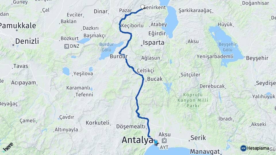 Antalya Senirkent Isparta Arası Kaç Km - Yol Haritası