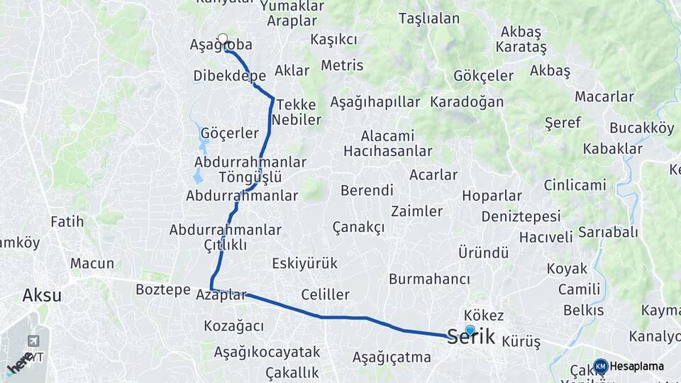Antalya Serik Aşağıoba Serik Arası Kaç Km - Yol Haritası