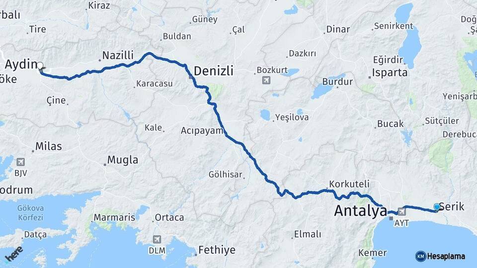 Antalya Serik Aydın Arası Kaç Km - Yol Haritası