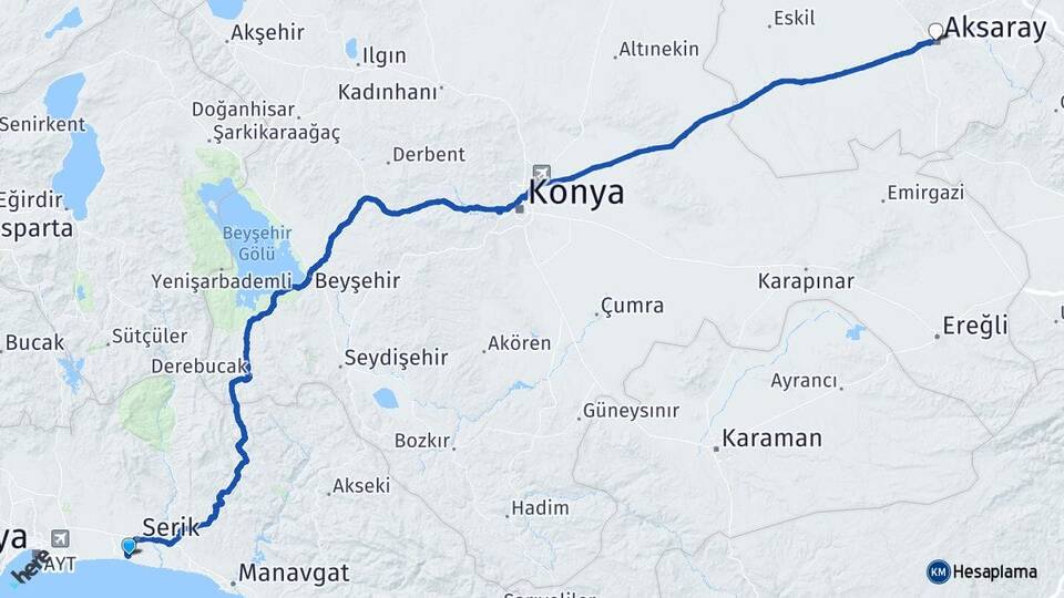 Antalya Serik Belek Aksaray Arası Kaç Km - Yol Haritası