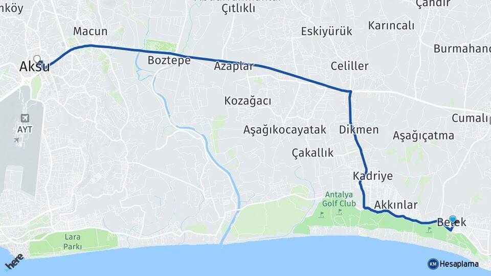 Antalya Serik Belek Aksu Arası Kaç Km - Yol Haritası