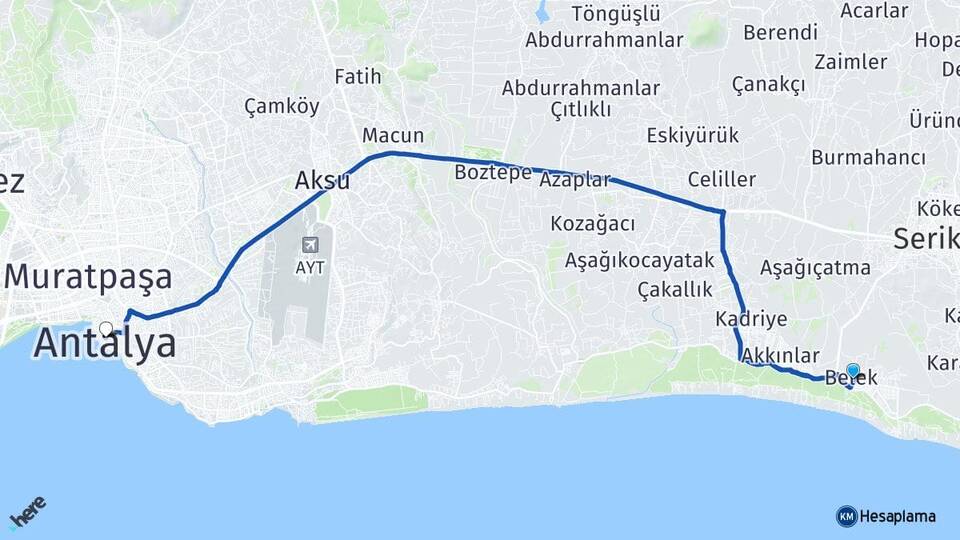 Antalya Serik Belek Arası Kaç Km - Yol Haritası