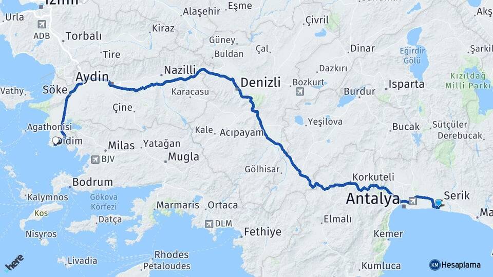 Antalya Serik Belek Didim Aydın Arası Kaç Km - Yol Haritası