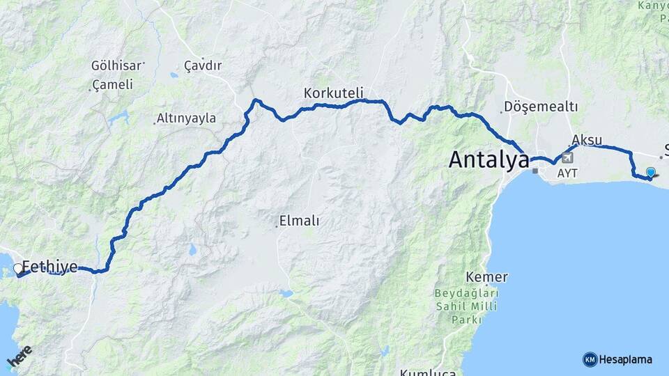 Antalya Serik Belek Fethiye Muğla Arası Kaç Km - Yol Haritası