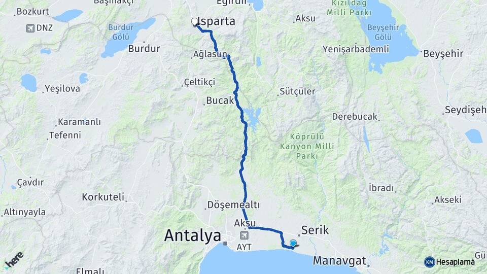 Antalya Serik Belek Isparta Arası Kaç Km - Yol Haritası