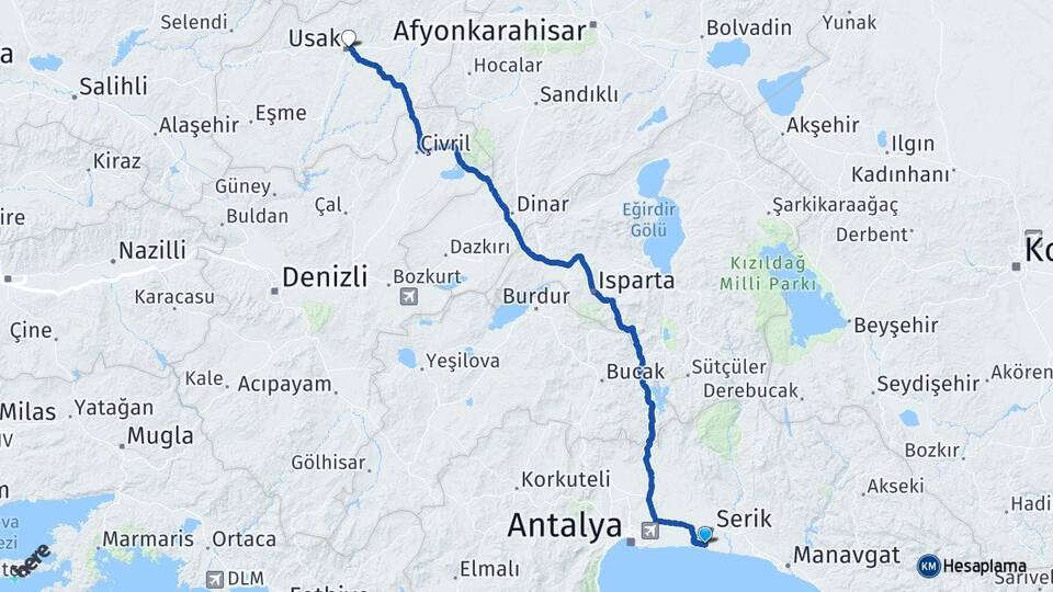 Antalya Serik Belek Uşak Arası Kaç Km - Yol Haritası