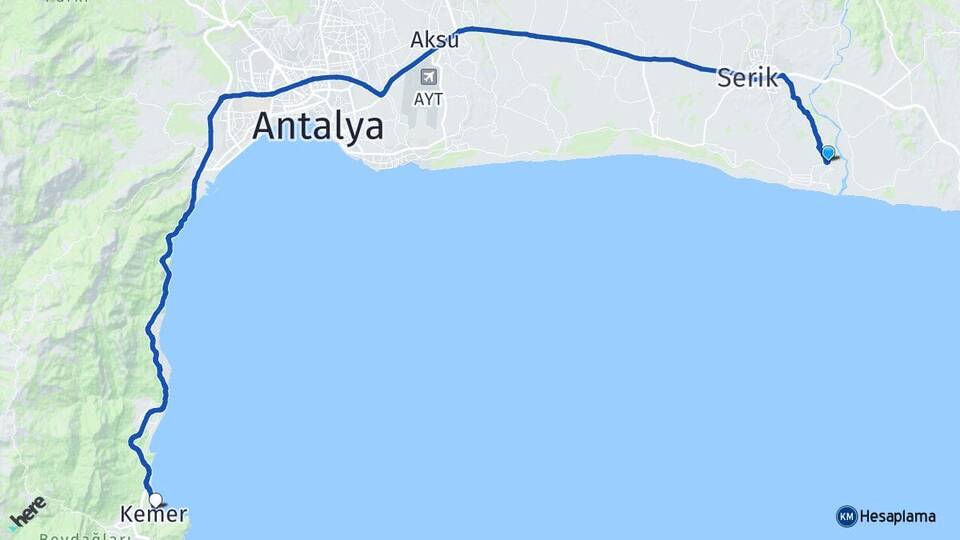 Antalya Serik Boğazkent Kemer Arası Kaç Km - Yol Haritası
