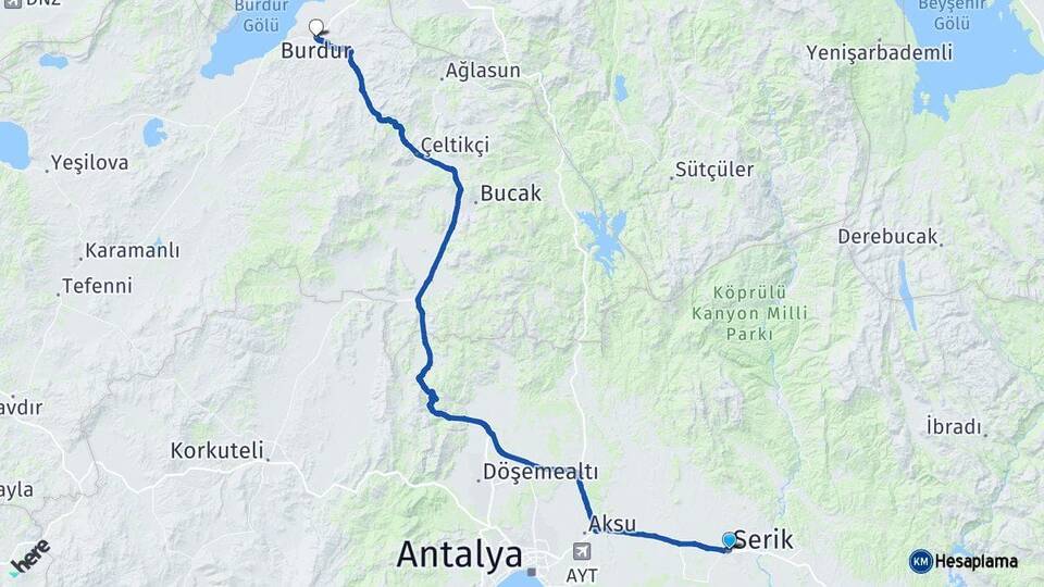 Antalya Serik Burdur Arası Kaç Km - Yol Haritası