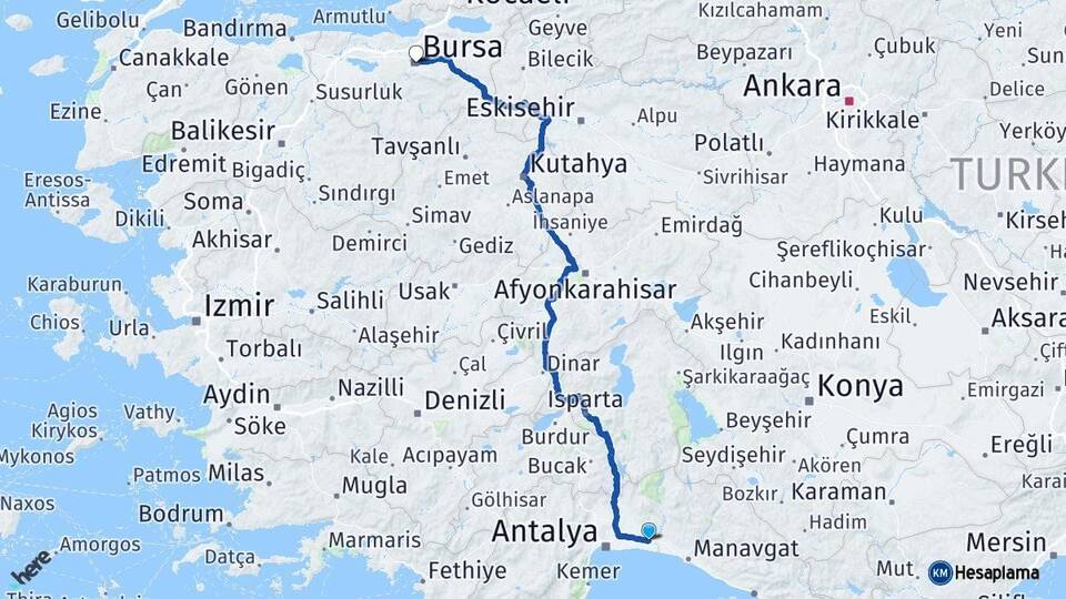Antalya Serik Bursa Arası Kaç Km - Yol Haritası