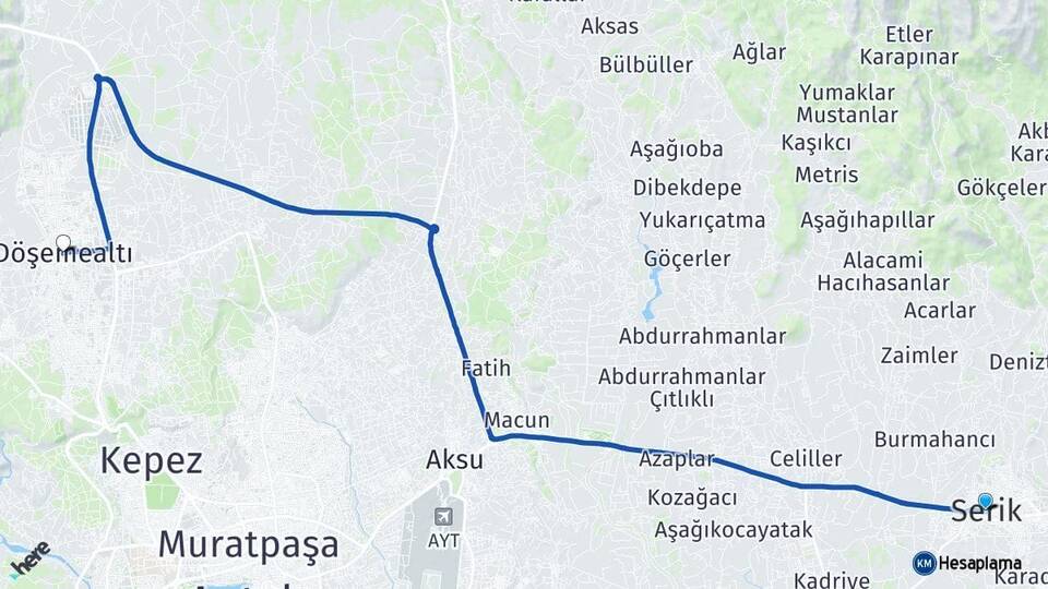 Antalya Serik Döşemealtı Arası Kaç Km - Yol Haritası