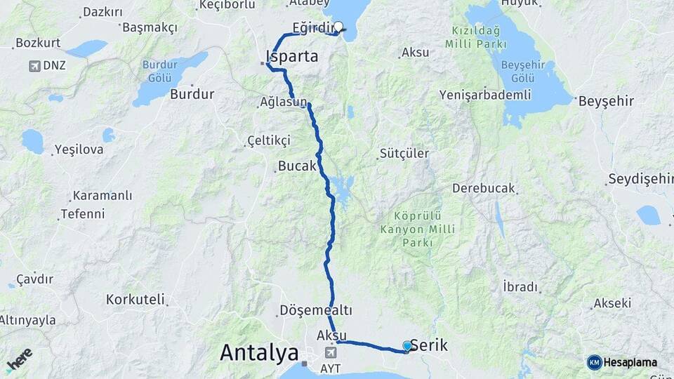 Antalya Serik Eğirdir Isparta Arası Kaç Km - Yol Haritası