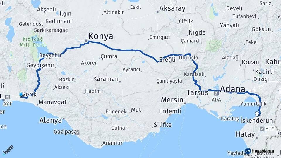 Antalya Serik İskenderun Hatay Arası Kaç Km - Yol Haritası