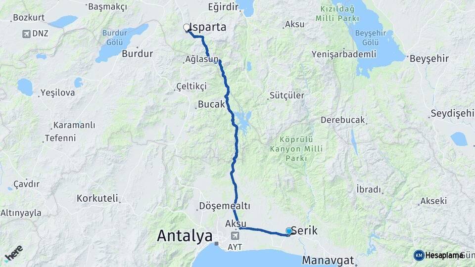 Antalya Serik Isparta Arası Kaç Km - Yol Haritası