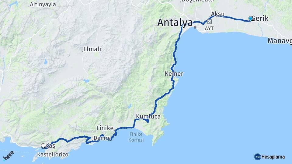 Antalya Serik Kaş Arası Kaç Km - Yol Haritası