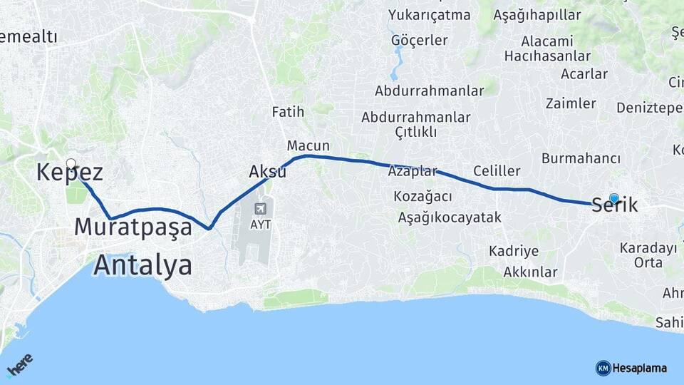 Antalya Serik Kepez Arası Kaç Km - Yol Haritası