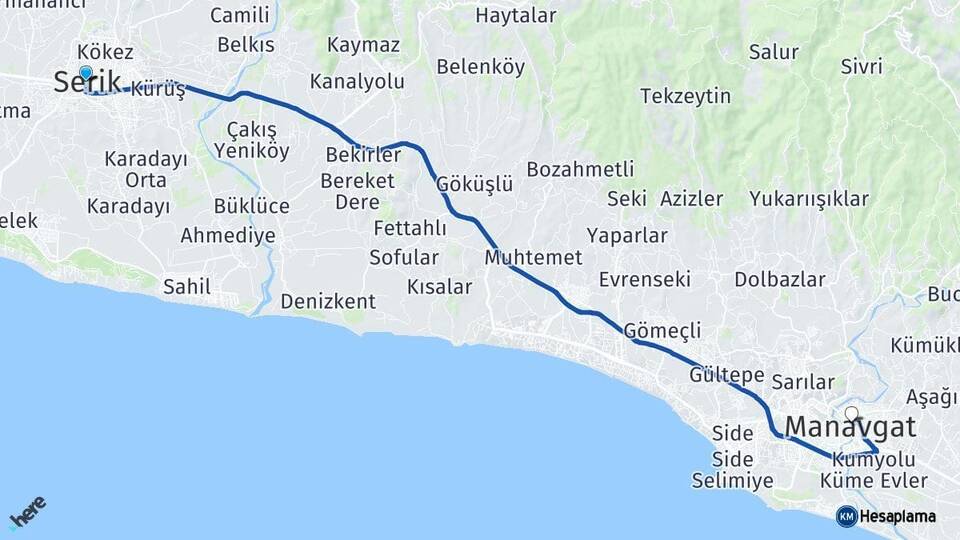 Antalya Serik Manavgat Arası Kaç Km - Yol Haritası