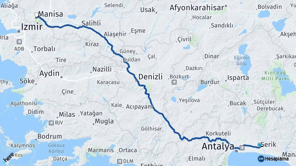 Antalya Serik Manisa Arası Kaç Km - Yol Haritası