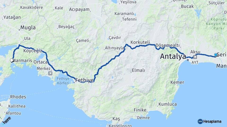 Antalya Serik Marmaris Muğla Arası Kaç Km - Yol Haritası