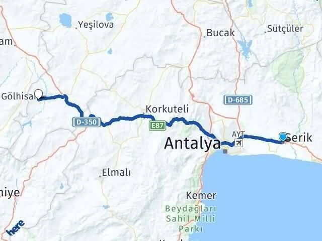 Antalya Serik Merkez Camii Gölhisar Burdur Arası Kaç Km - Yol Haritası