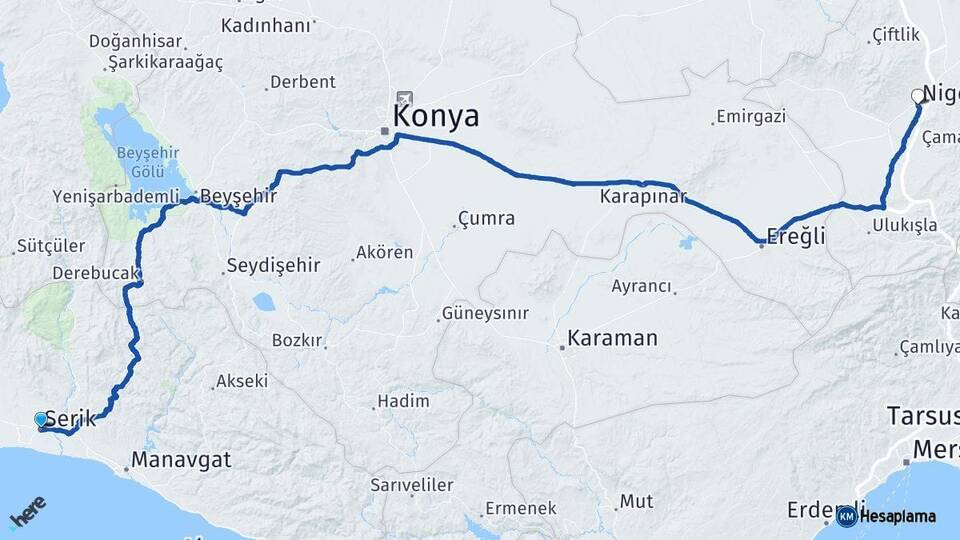 Antalya Serik Niğde Arası Kaç Km - Yol Haritası