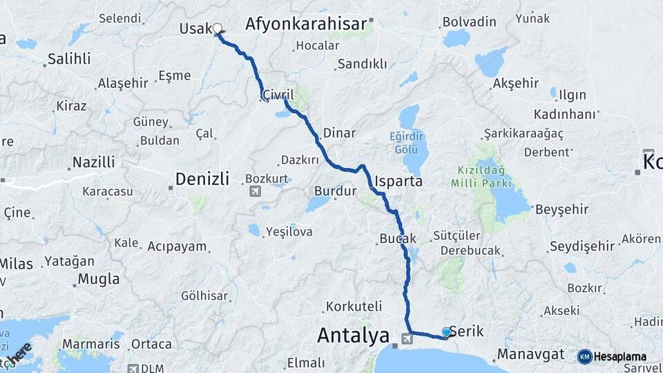 Antalya Serik Uşak Arası Kaç Km - Yol Haritası