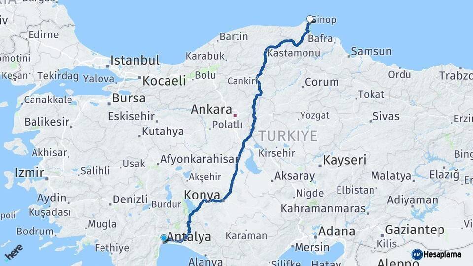 Antalya Sinop Arası Kaç Km - Yol Haritası