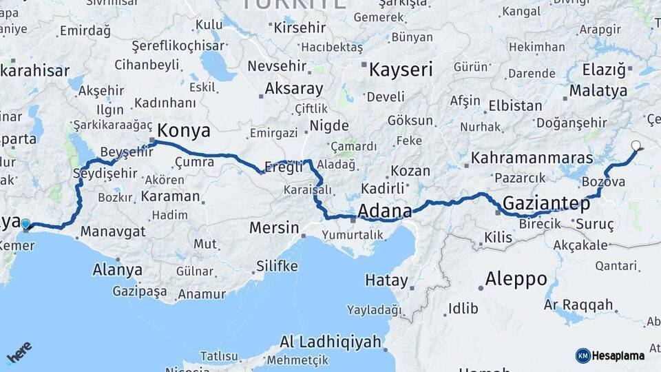 Antalya Siverek Şanlıurfa Arası Kaç Km - Yol Haritası