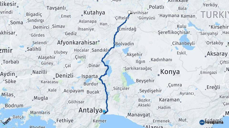 Antalya Sivrihisar Eskişehir Arası Kaç Km - Yol Haritası