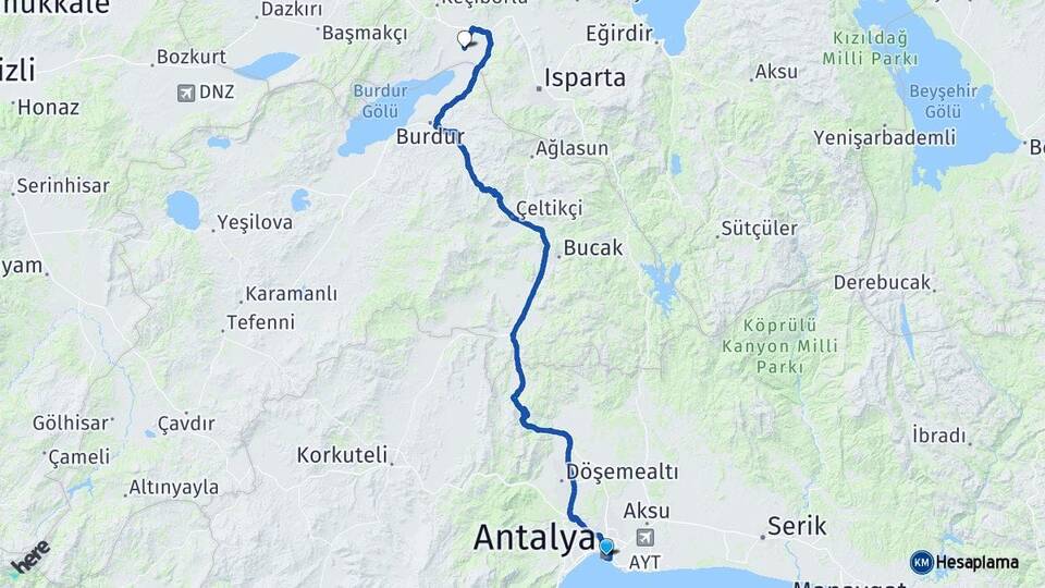 Antalya Süleyman Demirel Havalimanı Arası Kaç Km - Yol Haritası