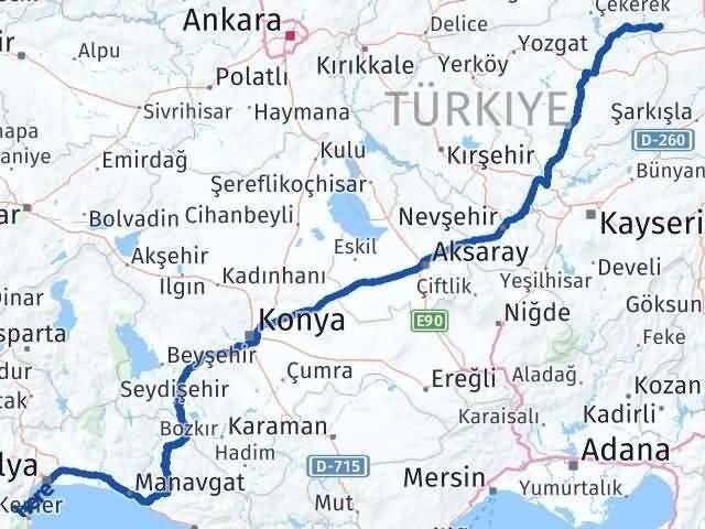 Antalya Sulusaray Tokat Arası Kaç Km - Yol Haritası