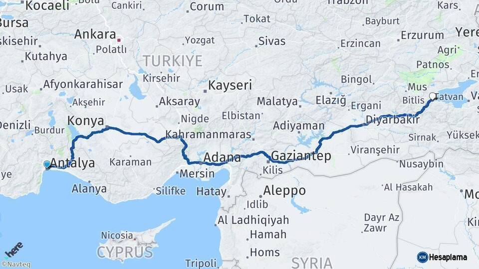 Antalya Tatvan Bitlis Arası Kaç Km - Yol Haritası