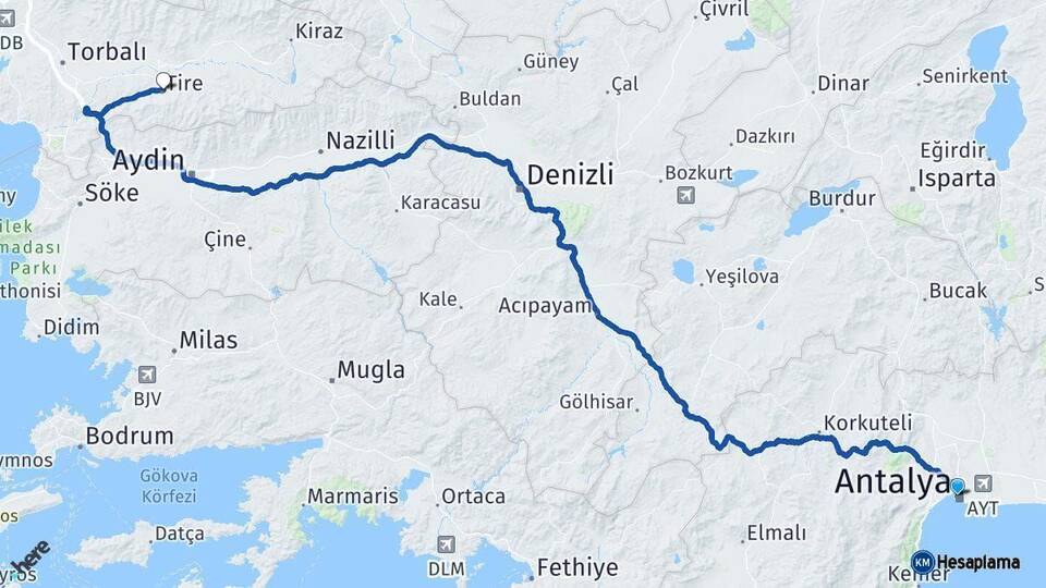 Antalya Tire İzmir Arası Kaç Km - Yol Haritası