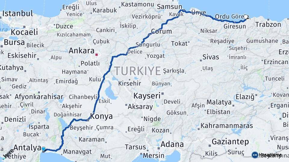 Antalya Tirebolu Giresun Arası Kaç Km - Yol Haritası