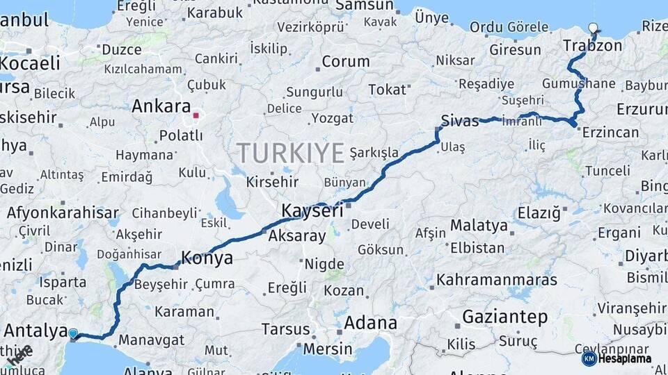 Antalya Trabzon Arası Kaç Km - Yol Haritası