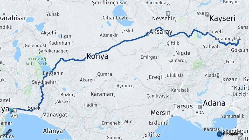 Antalya Tufanbeyli Adana Arası Kaç Km - Yol Haritası