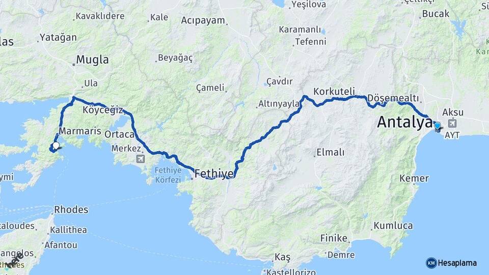 Antalya Turunç Marmaris Muğla Arası Kaç Km - Yol Haritası