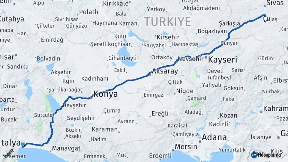 Antalya Ulaş Sivas Arası Kaç Km - Yol Haritası