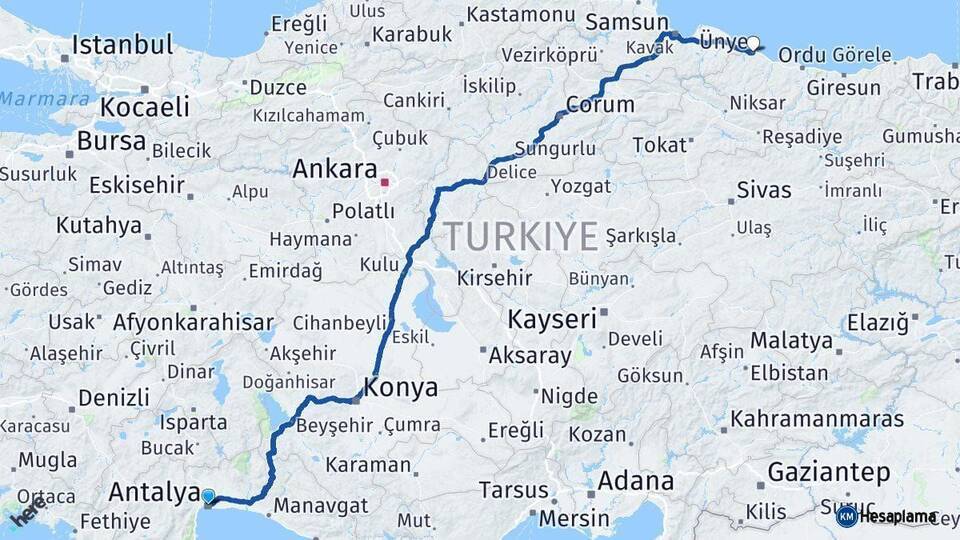 Antalya Ünye Arası Kaç Km - Yol Tarifi