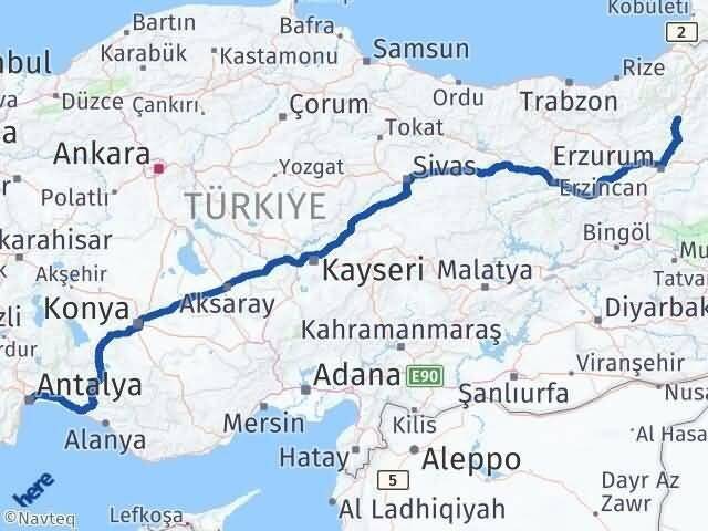 Antalya Uzundere Erzurum Arası Kaç Km - Yol Haritası