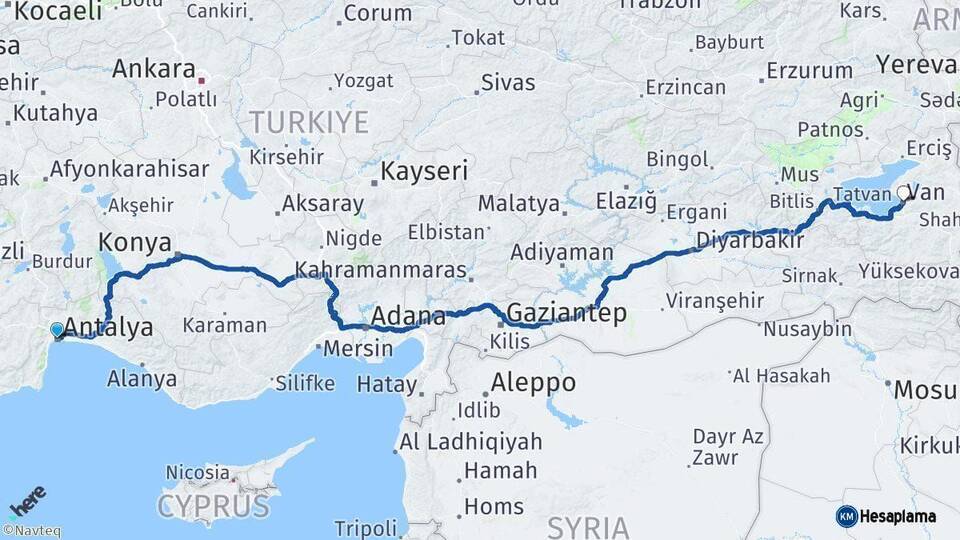 Antalya Van Arası Kaç Km - Yol Haritası
