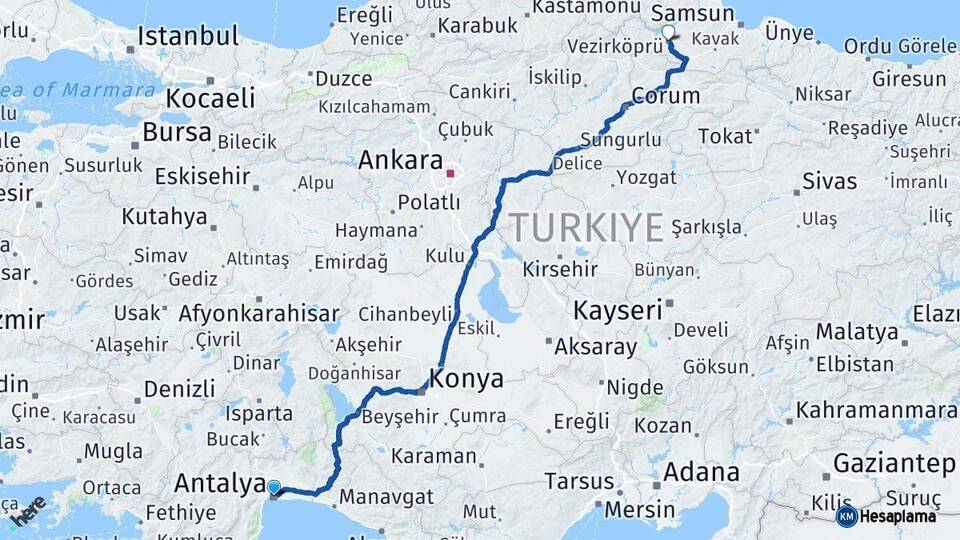Antalya Vezirköprü Samsun Arası Kaç Km - Yol Haritası