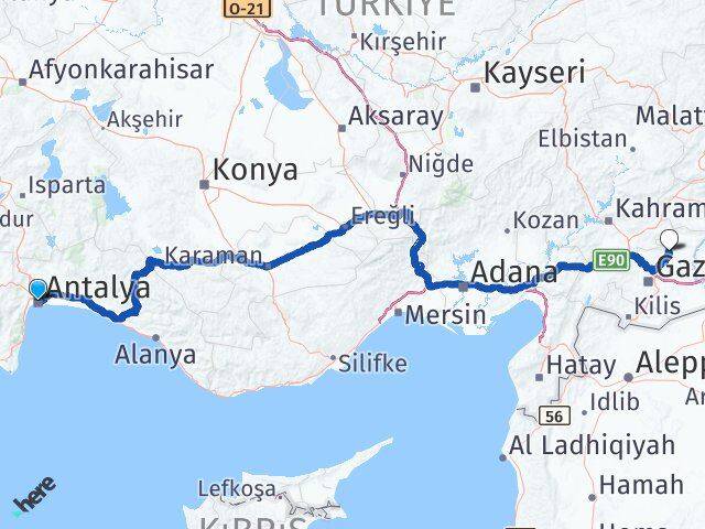 Antalya Yavuzeli Gaziantep Arası Kaç Km - Yol Haritası