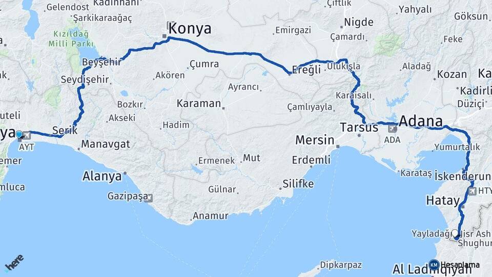 Antalya Yayladağı Hatay Arası Kaç Km - Yol Haritası