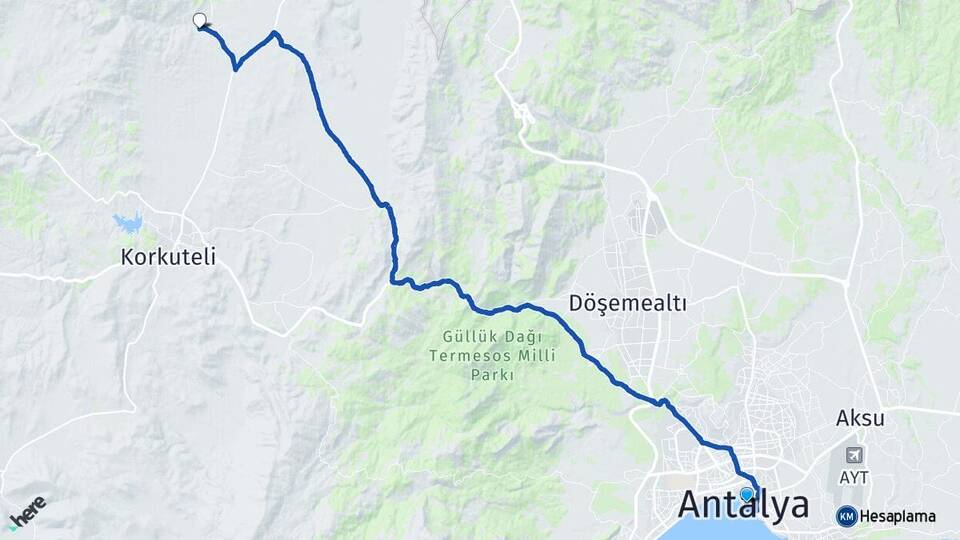 Antalya Yelten Korkuteli Arası Kaç Km - Yol Haritası