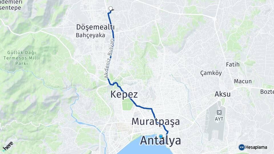 Antalya Yeniköy Döşemealtı Arası Kaç Km - Yol Haritası