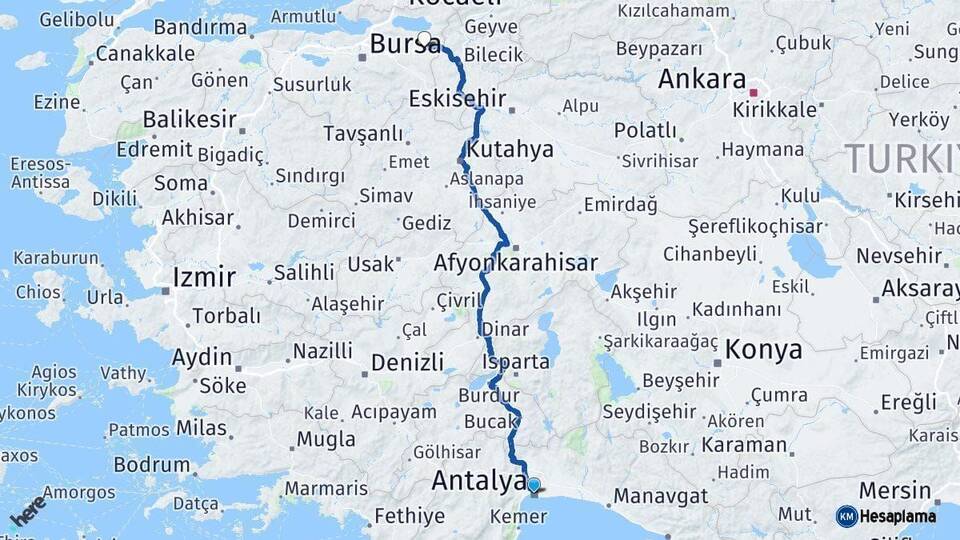 Antalya Yenişehir Bursa Arası Kaç Km - Yol Haritası