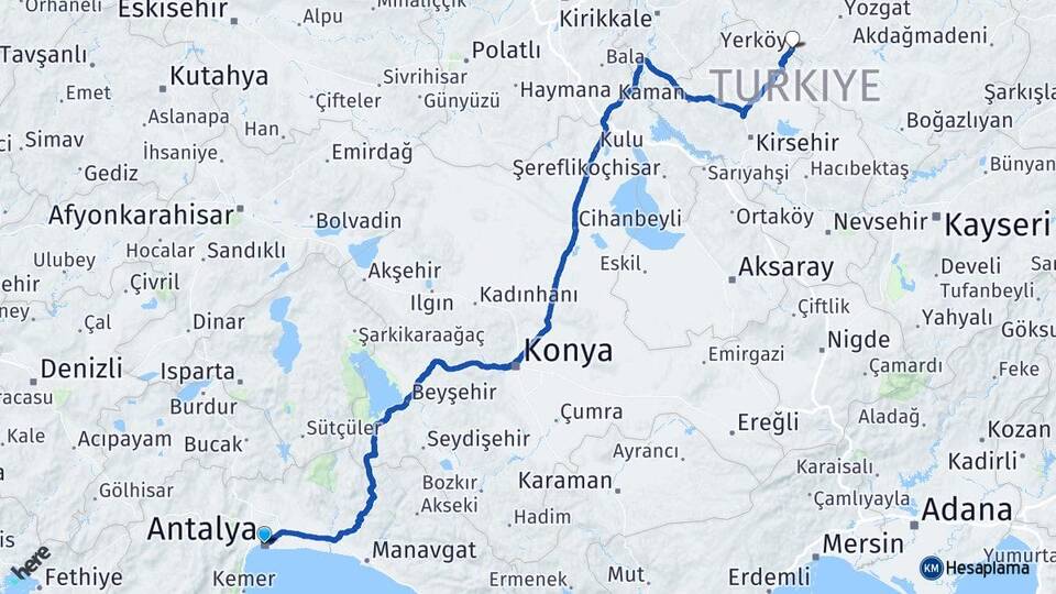 Antalya Yerköy Yozgat Arası Kaç Km - Yol Haritası