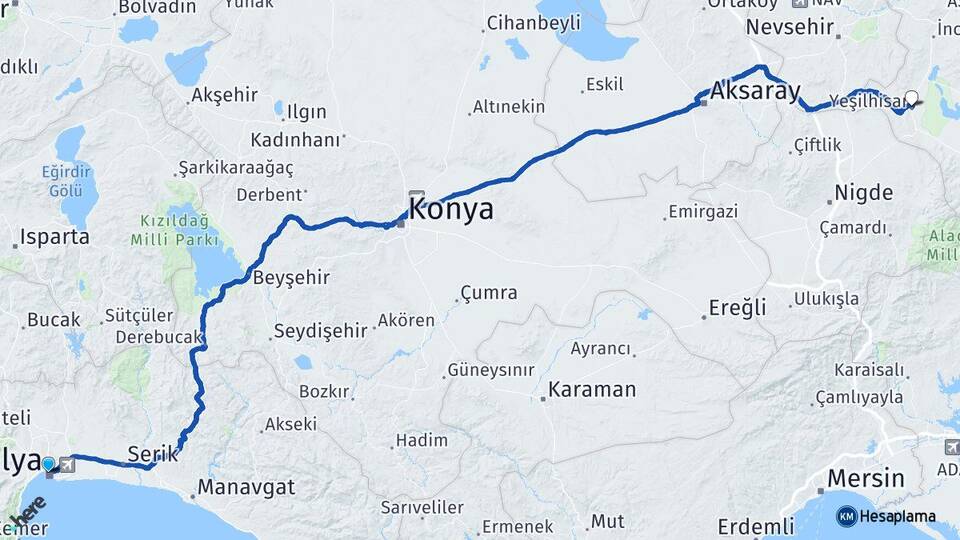 Antalya Yeşilhisar Kayseri Arası Kaç Km - Yol Haritası