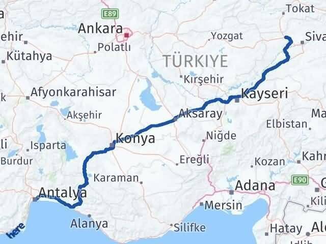Antalya Yıldızeli Sivas Arası Kaç Km - Yol Haritası