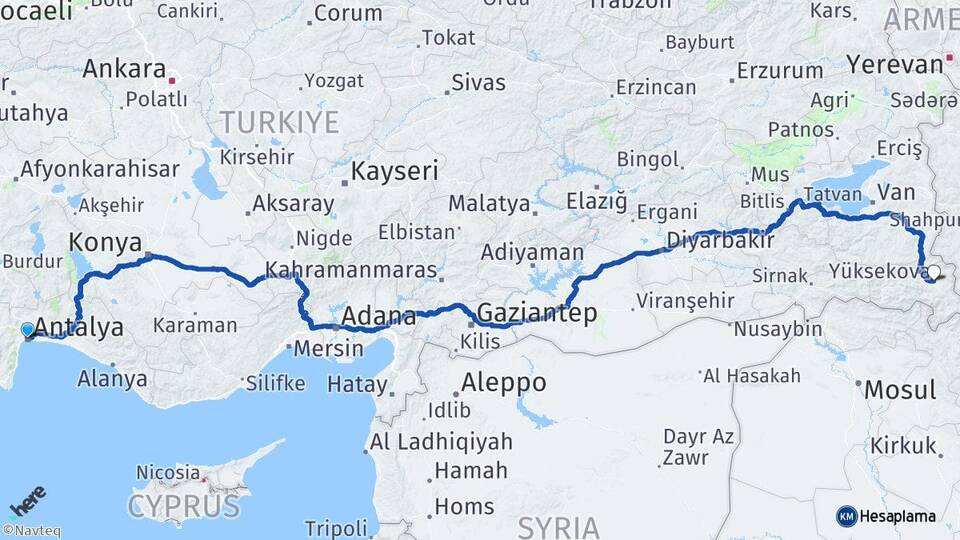 Antalya Yüksekova Hakkari Arası Kaç Km - Yol Haritası